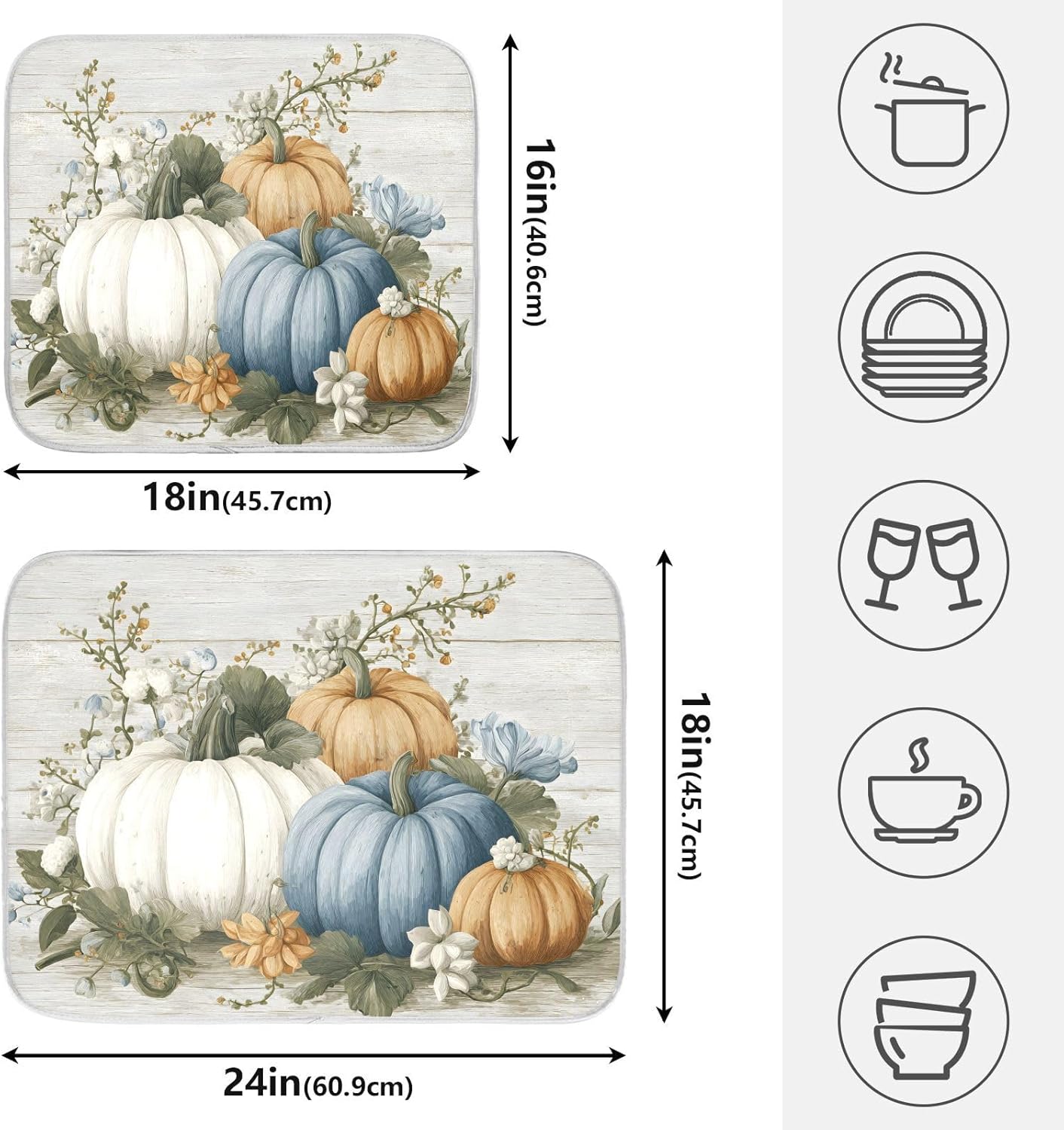 Fall Blue Orange Grey Pumpkin Thanksgiving Dish Drying Mat for Kitchen Counter Absorbent Microfiber Small Drying Pad Dish mats for Kitchen Countertops 16 x 18 Inch