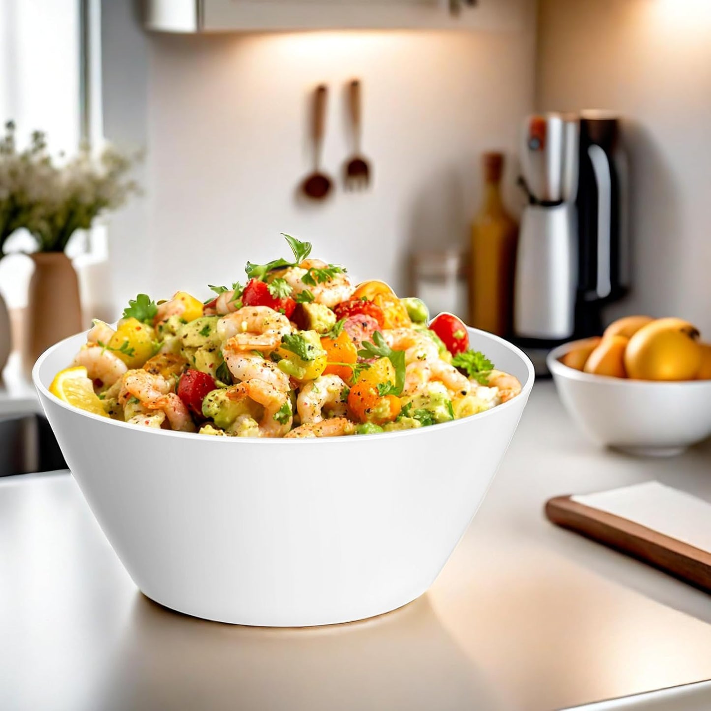 10 inch Large Salad Bowls, White Serving Bowls 118 oz, Bamboo Fiber Bowls Set of 3, Microwave and Dishwasher Safe, Great for Salad, Fruits, Vegetables and Party