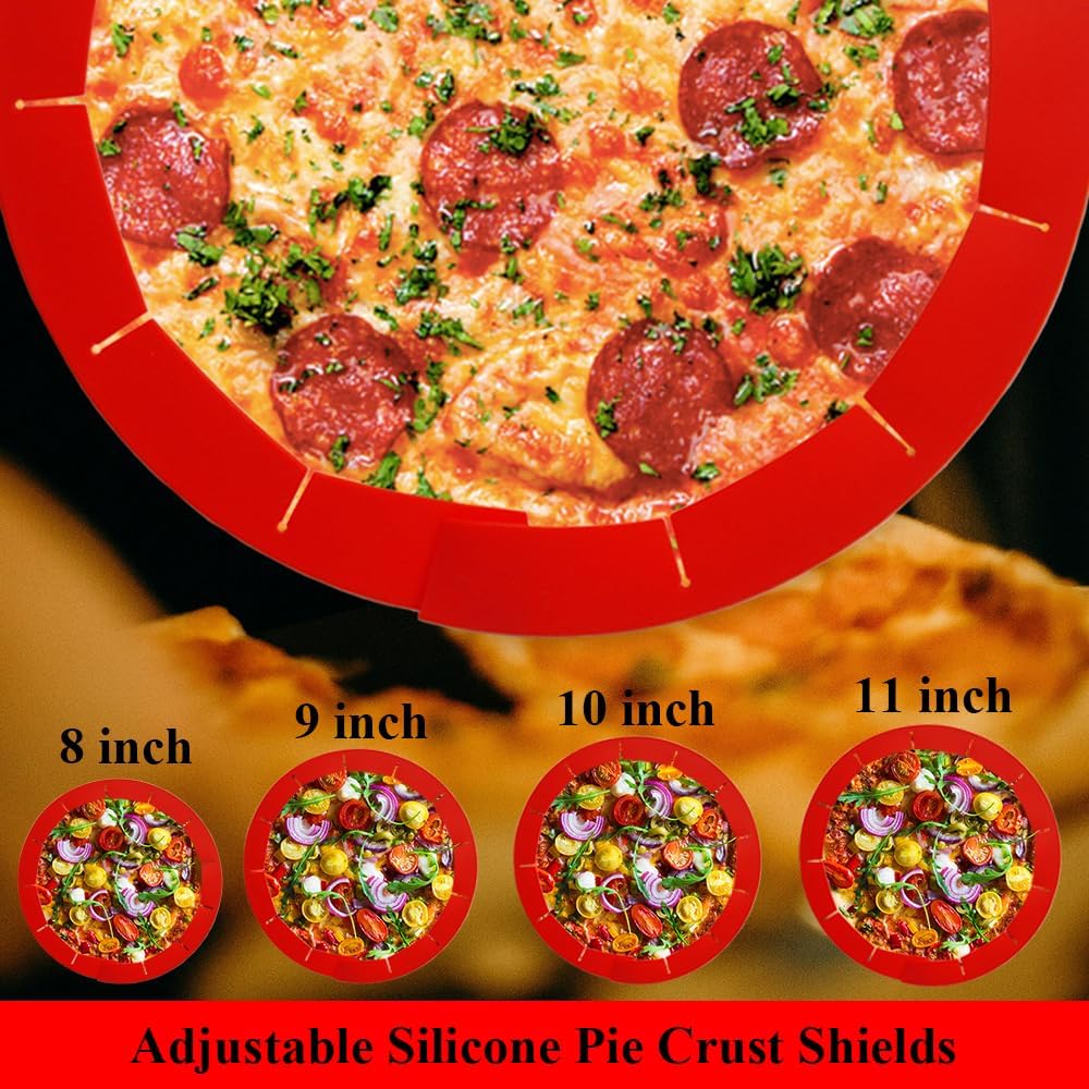 Adjustable Pie Crust Shields, Silicone Baking Protectors, Cover Ring Tools Fits 8-11.4 Inch Pies, Baking Pie Pizza Crust Shield Protector Cover for Edges ﻿ (Red)