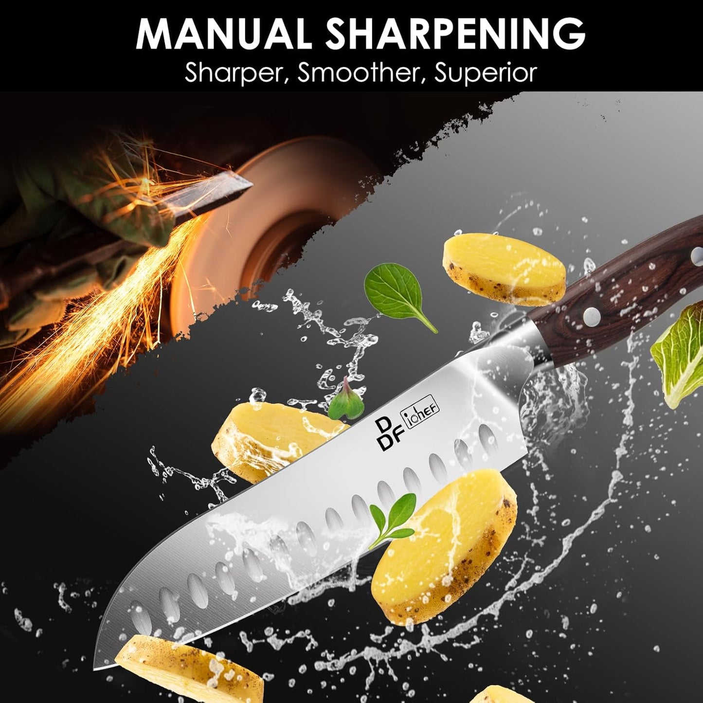 DDF iohEF Kitchen Knife 7 inch Chef Knife Professinal Santoku Knife, Japanese Stainess Steel Ultra Sharp Cooking Knife with Ergonomic Handle for Chopping Vegetable and Cooking