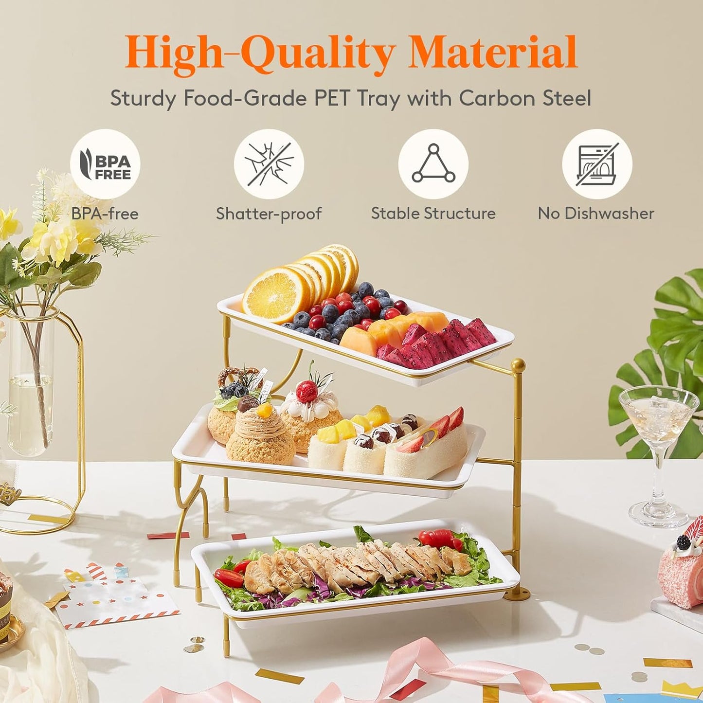 Lifewit 3 Tiered Tray Stand for Party Entertaining, 12"×6.5" Serving Platters and Trays, Reusable Plastic Trays with Stable Gold Mental Stand for Veggie, Fruit, Cookies, Dessert