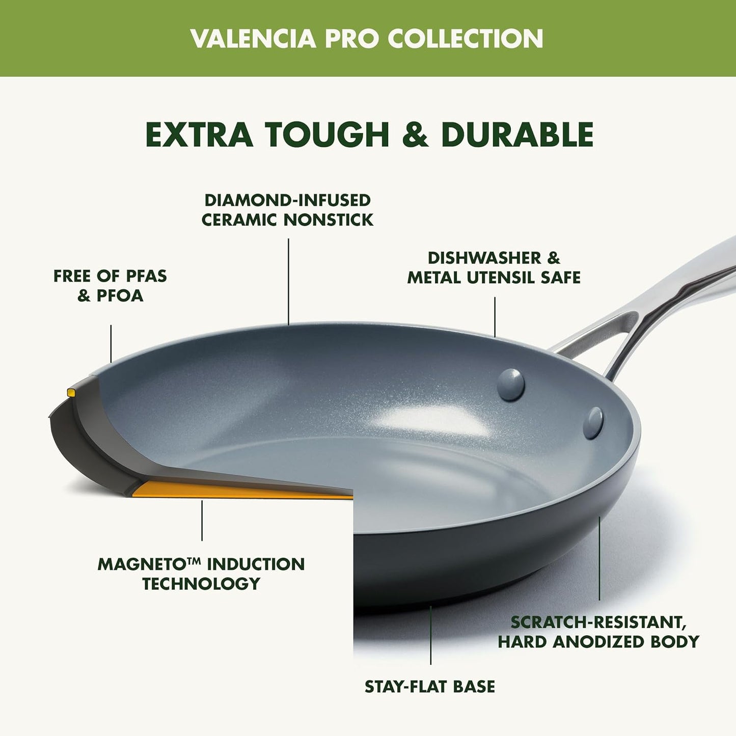 GreenPan 11" Valencia Pro Ceramic Nonstick Frying Pan Skillet, Hard Anodized PFAS-Free Cookware, Induction Ready, Compatible on All Cooktops, Dishwasher & Oven Safe, Stainless Steel Handle, Gray