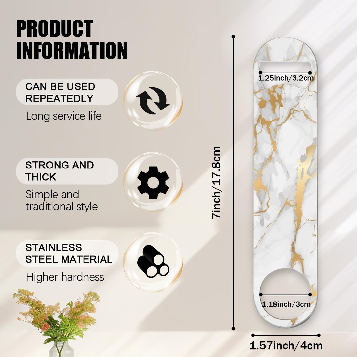 2 PACK Beer Bottle Opener, Stainless Steel Flat Bottle Openers,7 inch Metal Decor,White And Golden Marble