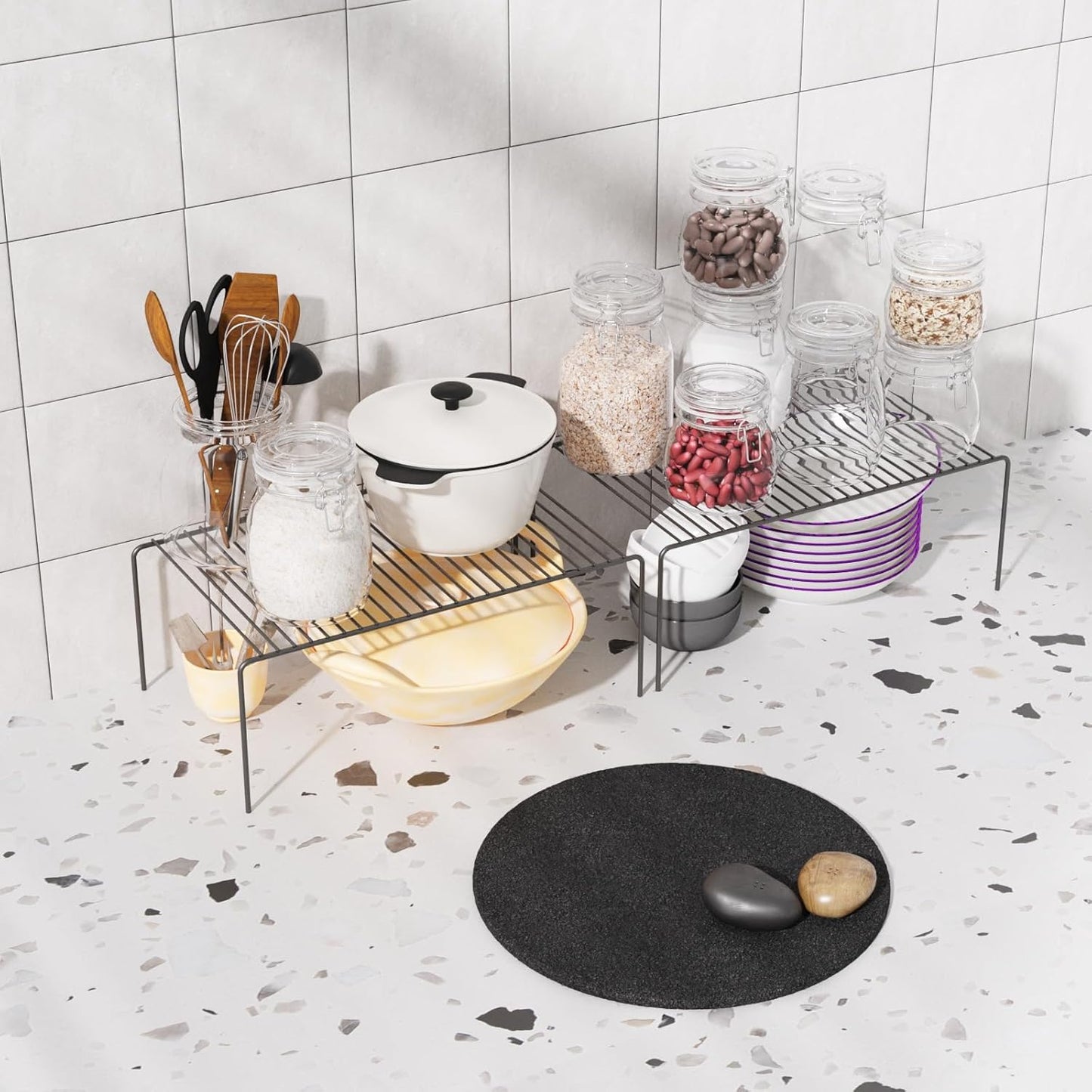 Medium(13 x 9.4 inch)Black Cabinet Storage Shelf Rack Set of 2, Rustproof Metal Wire Kitchen Counter Organizers and Storage, Spice Organization for Cabinet, Plate, Dish, Pantry, Bathroom, Fridge