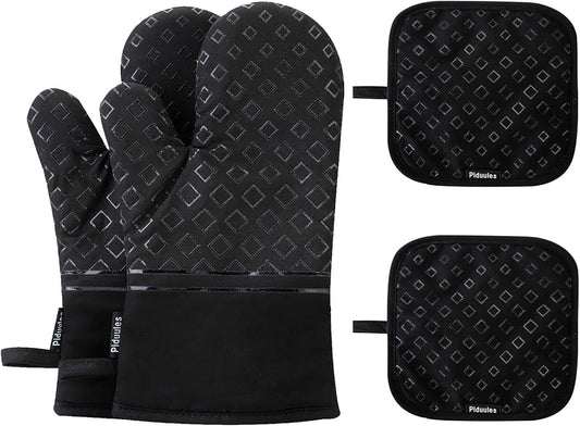 Set of 4 Oven Mitts and Pot Holders, 482 F Heat Resistant Hot Plate Moving Non-Slip Gloves for BBQ, Grill, Baking, Cooking, Oven, Microwave (Black)
