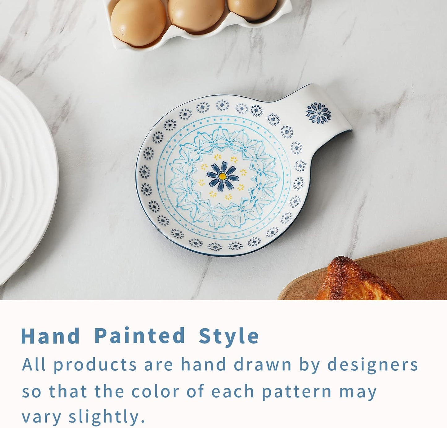 Hand Painted Spoon Rest, 5.5" Ceramic Spoon Holder for Stove Top and Kitchen Counter, Blue Pattern Utensil Rest, Great Cooking Gifts for Friends, Modern Kitchen Decorative