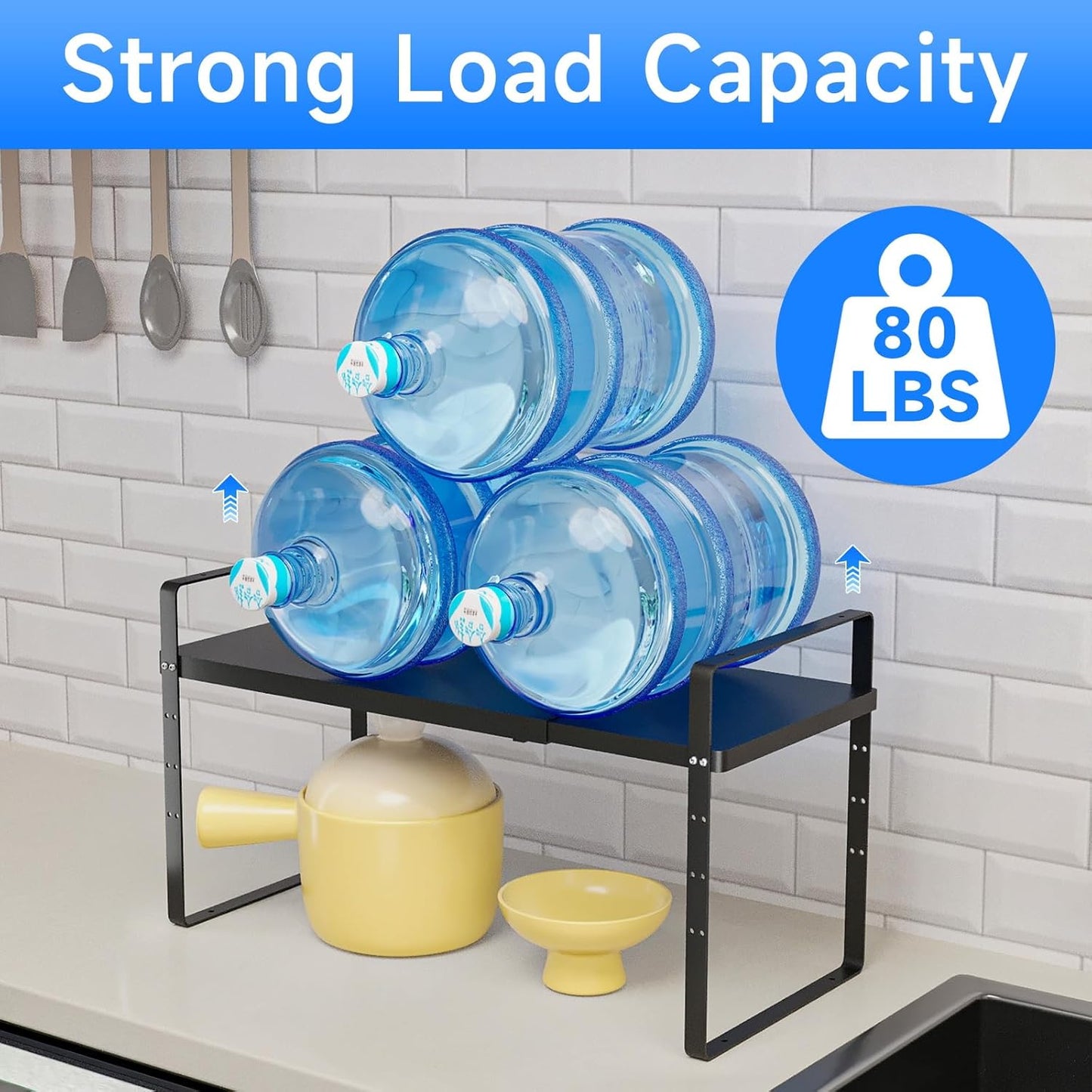 Expandable Cabinet Shelf Organizer, Stackable Kitchen Pantry Counter Storage, Adjustable Closet Cupboard Stand Rack Risers Spice Organization 80LBS Heavy Duty Black 2 Pack