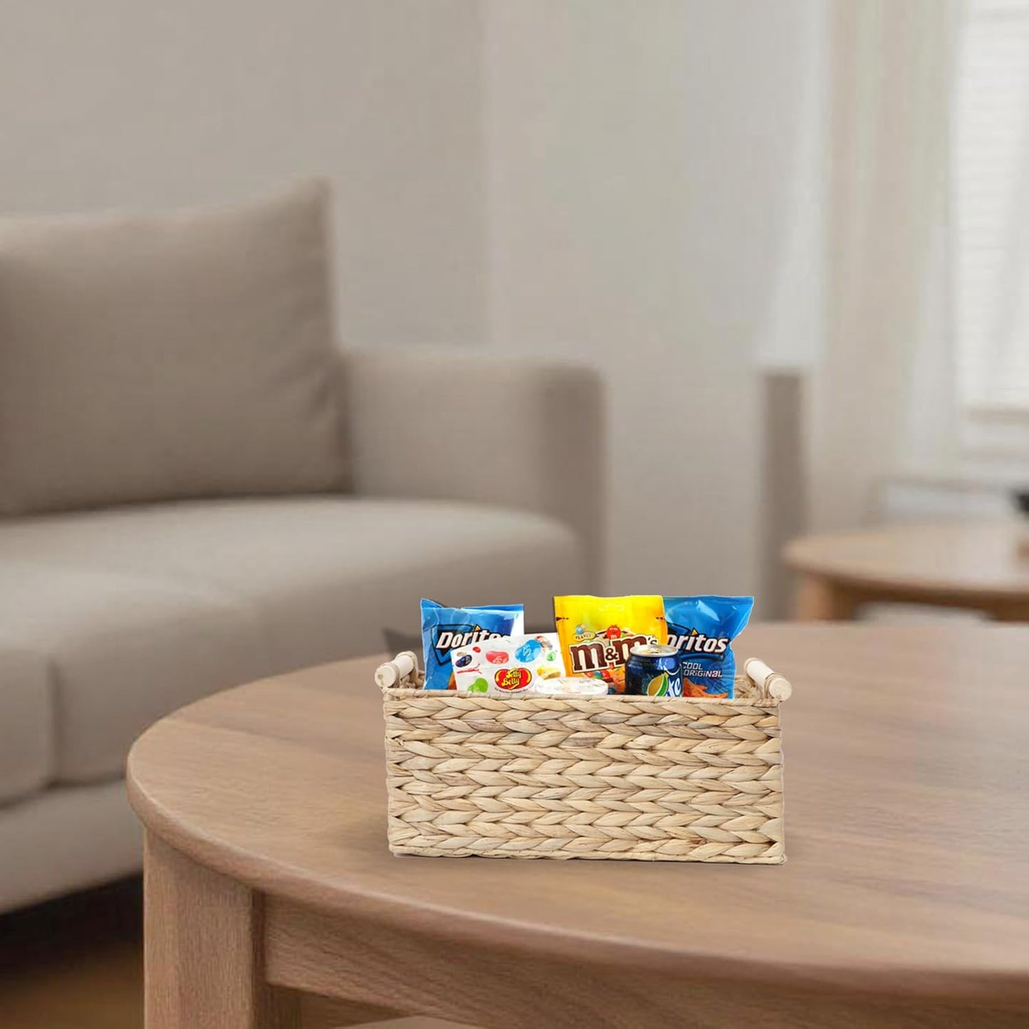 Handmade Water Hyacinth Woven Storage Baskets with Wooden Handles, Rectangle Rustic Organizer Set for Home Decor, Kitchen, Bedroom & Office (Small)