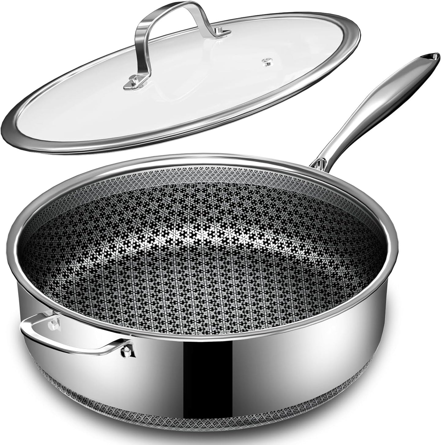 5 Qt Saute Pan with Lid, 5 Ply Stainless Steel Pan with Lid, Non Stick Frying Pans, Cooking Pot Deep Frying Pan Non-Toxic, For Induction, Oven, Dishwasher Safe