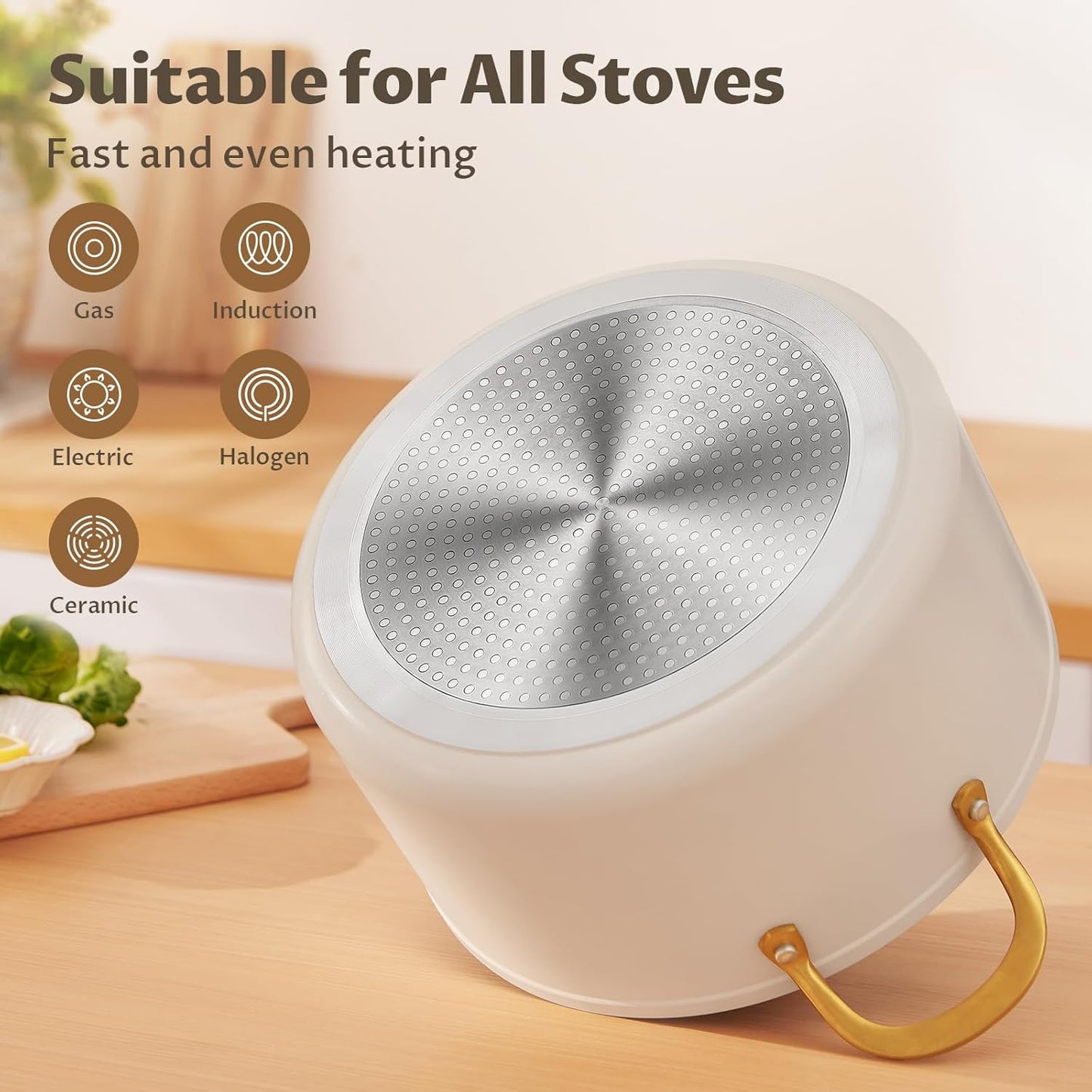 BEZIA 6 Quart Stock Pot with Lid，Ceramic Nonstick Cooking Pot，Soup Pot with Stainless Steel Handle, Tempered Glass Lid, Induction Compatible for Pasta, Soup, Spaghetti，Dishwasher Safe, Cream