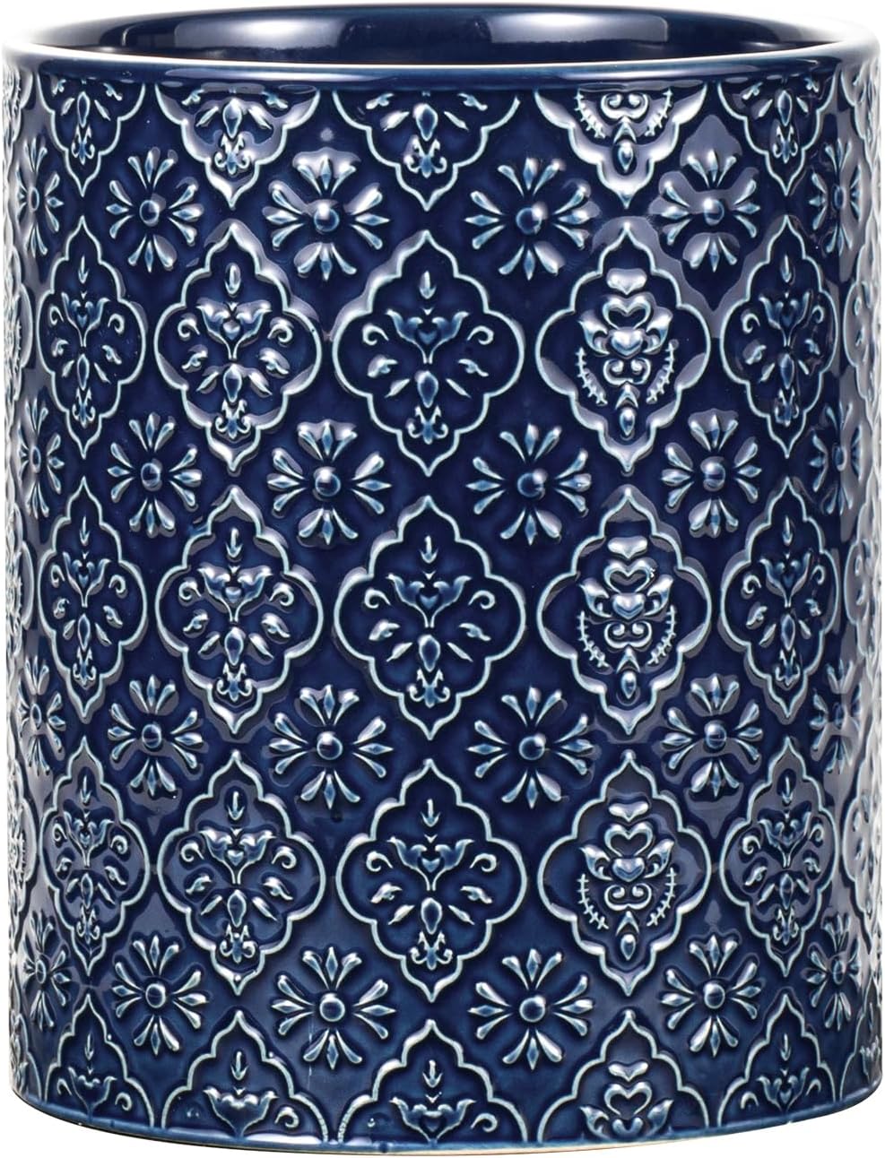 Kitchen Utensil Holder, 6x7 inch Large Ceramic Utensil Holder with Embossed Pattern, Cooking Utensil Crocks for Kitchen Countertop, Home Decor, Blue