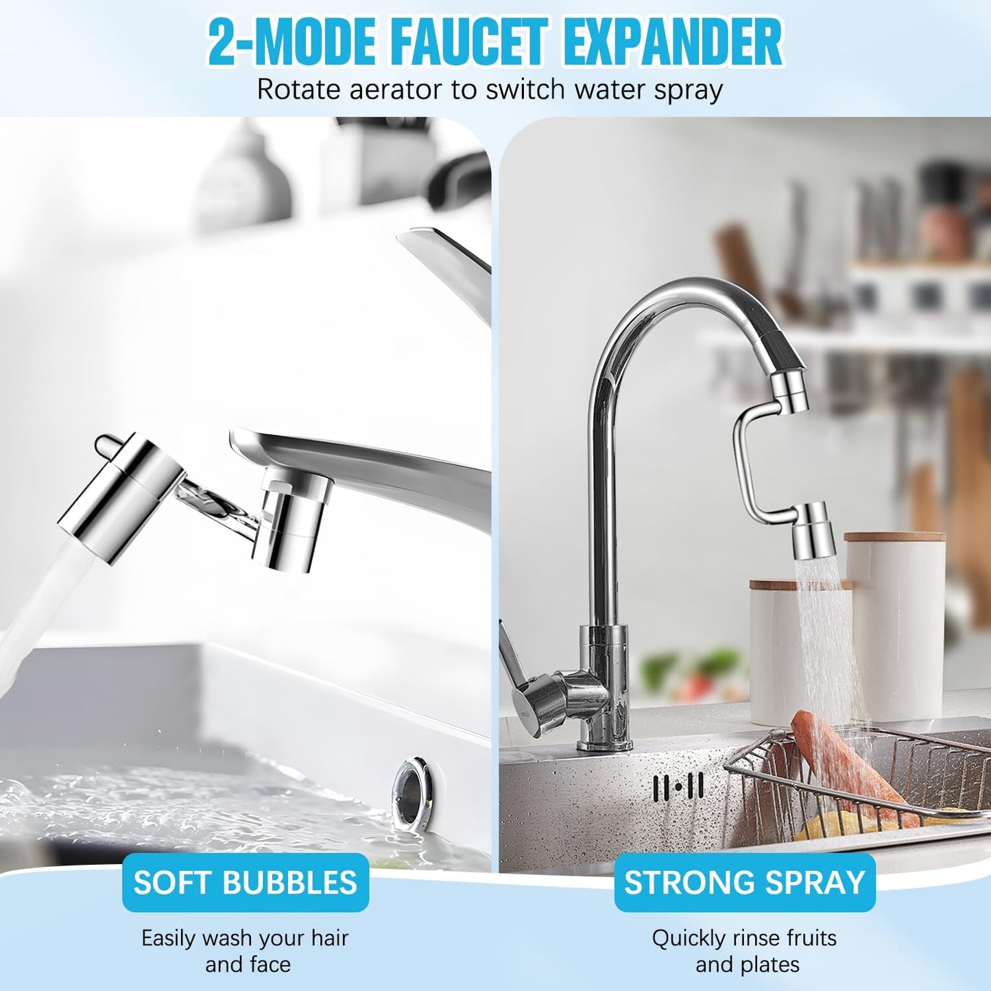 Flexiflow 1080°Rotatable Faucet Aerator, New Rotating Faucet Extender, U Shape Faucet Extender for Bathroom Sink/Kitchen, 2 Sprayer Modes, Multiple Adapters,Universal for Internal/External Thread