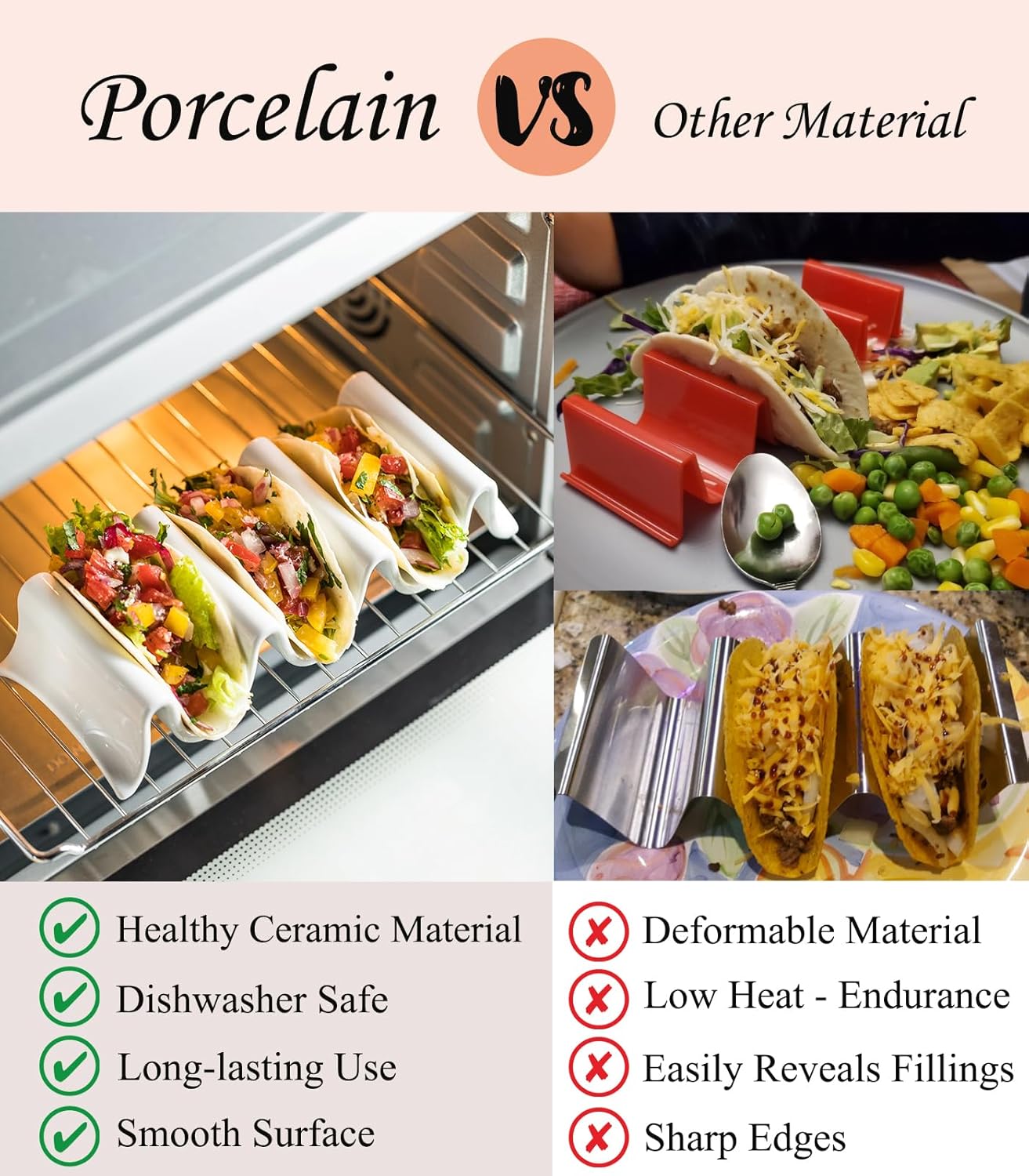 Taco Holder, Porcelain Taco Tray with Handles, Perfect for Keeping Tacos in Place, Serving Dish for Entertraining, Taco Shell Holds 4 Taco, Set of 2