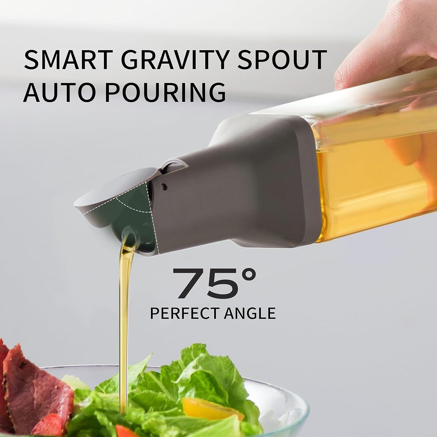 Olive Oil Dispenser for Cooking - 16oz Leakproof Glass Oil Dispenser Bottle with Gravity Spout, Air Fryer, BBQ, Healthy Salad & Non-Stick Pans, BPA-Free, Easy to Refill and Use, Light Grey