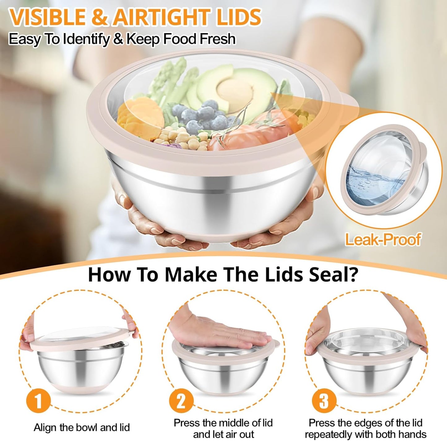 TeamFar Mixing Bowls, 5PCS Stainless Steel Serving Salad Bowls with Lids, For Kitchen Mixing/Baking/Storing/Prepping, Visible & Airtight, Non-Slip Bottom - 4.6/3.5/1.5/1 / 0.7 QT, Khaki