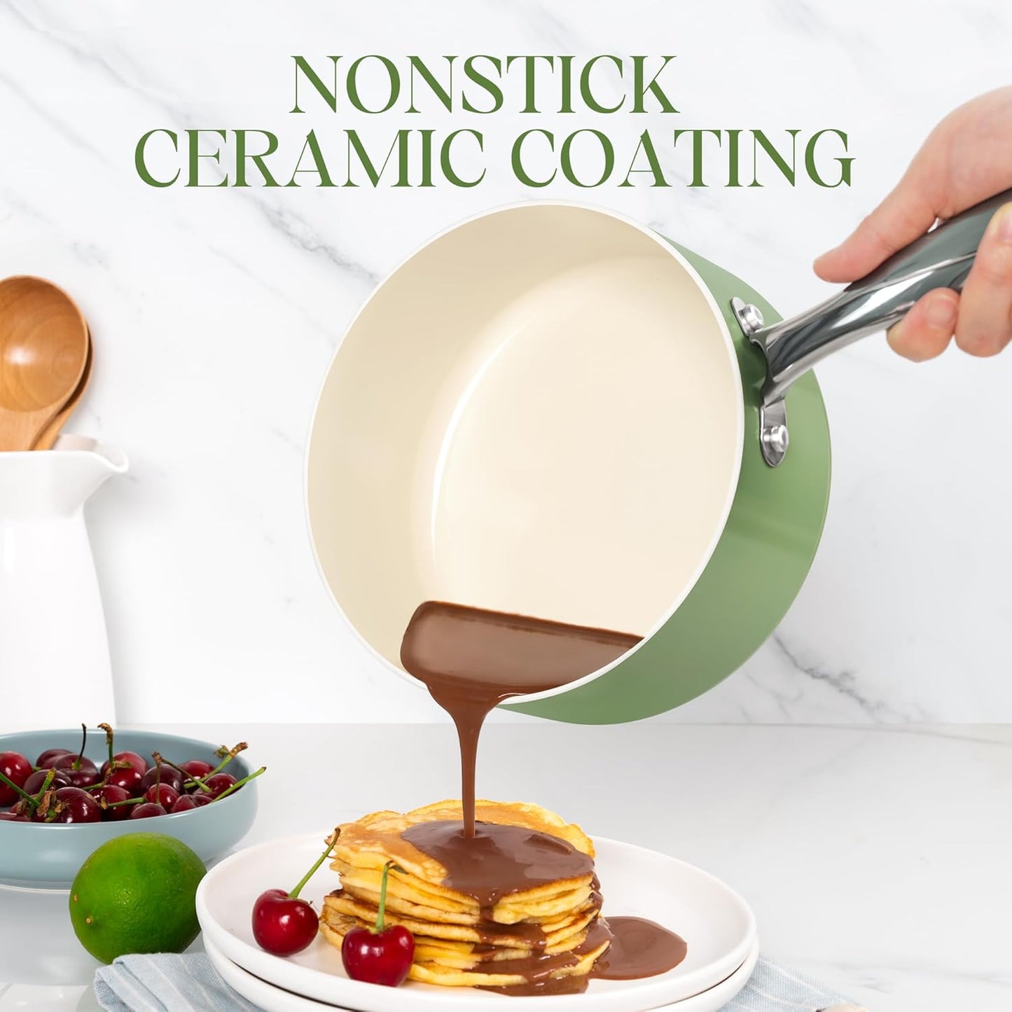 MICHELANGELO 3 Quart Saucepan with Lid - Non Toxic Sauce Pan with Nonstick Ceramic Coating, Scratch-Resistant, Induction Saucepan Suitable for All Stovetops, Green