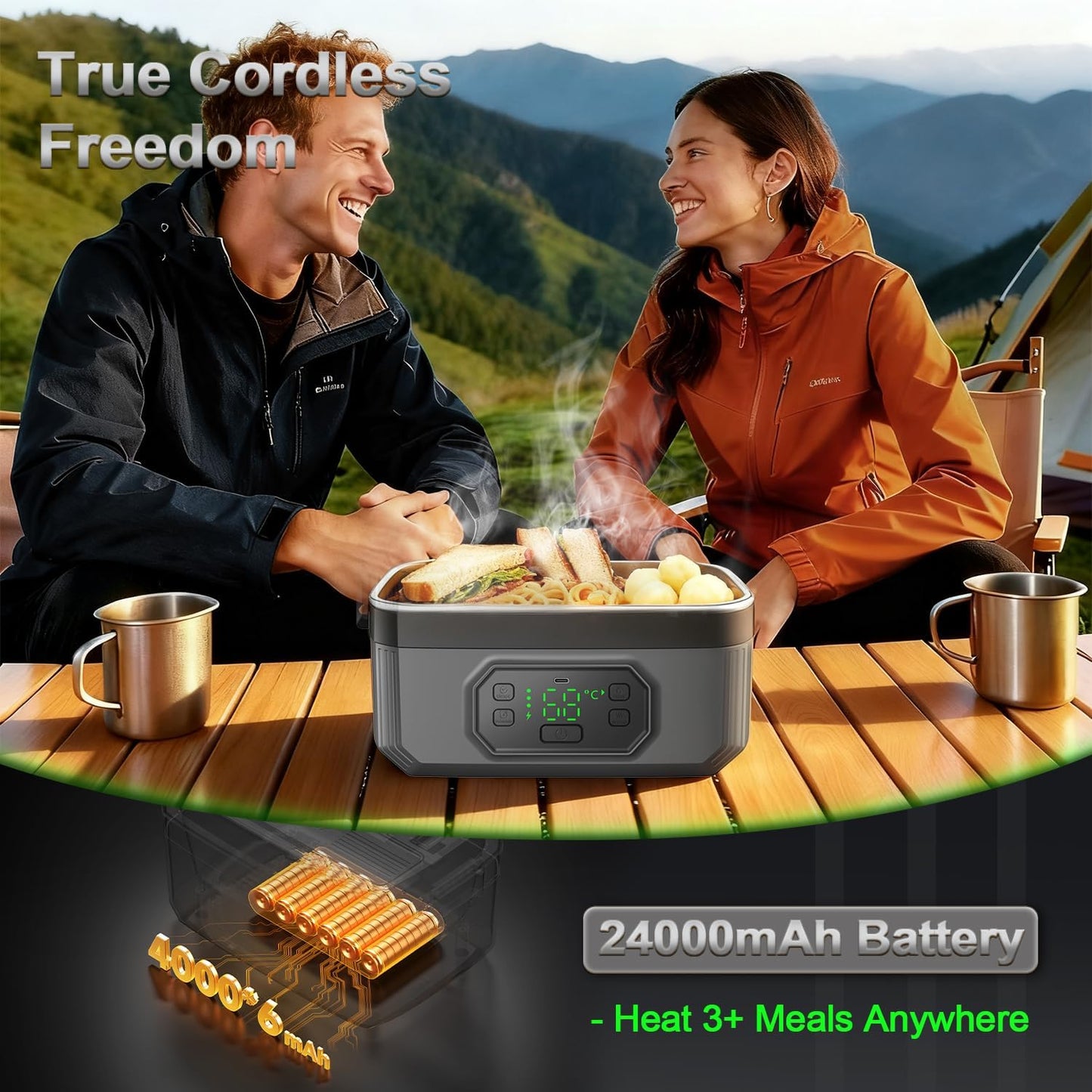 1.6L Cordless Electric Lunch Box - 24000mAh Heated Lunch Box Battery Powered with Automatic Heating, 9-Timer & 5-Temp Setting, Leakproof 304 Stainless Steel Container, Perfect for Office/Truck/Outdoor