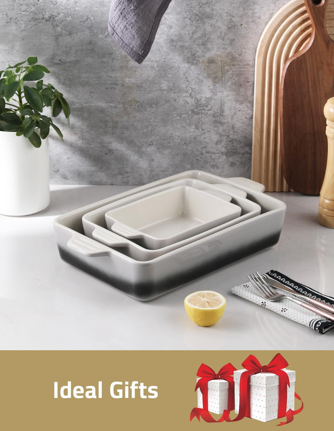 Sweejar Ceramic Bakeware Set, Rectangular Baking Dish for Oven Lasagna Pans for Cooking, Kitchen, Cake Dinner, Banquet and Daily Use, 11.8 x 7.8 x 2.76 Inches of Casserole Dishes (Gradient Gray)