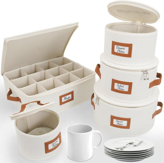 HOMELUX THEORY Hard Shell China Storage Containers, 5pc Ivory Mug & Plate Storage Box, Kitchen Storage Bins With Lids, Heavy Duty Moving Box with Handles for Dishes, Glassware, Stemware, Cup & Mug
