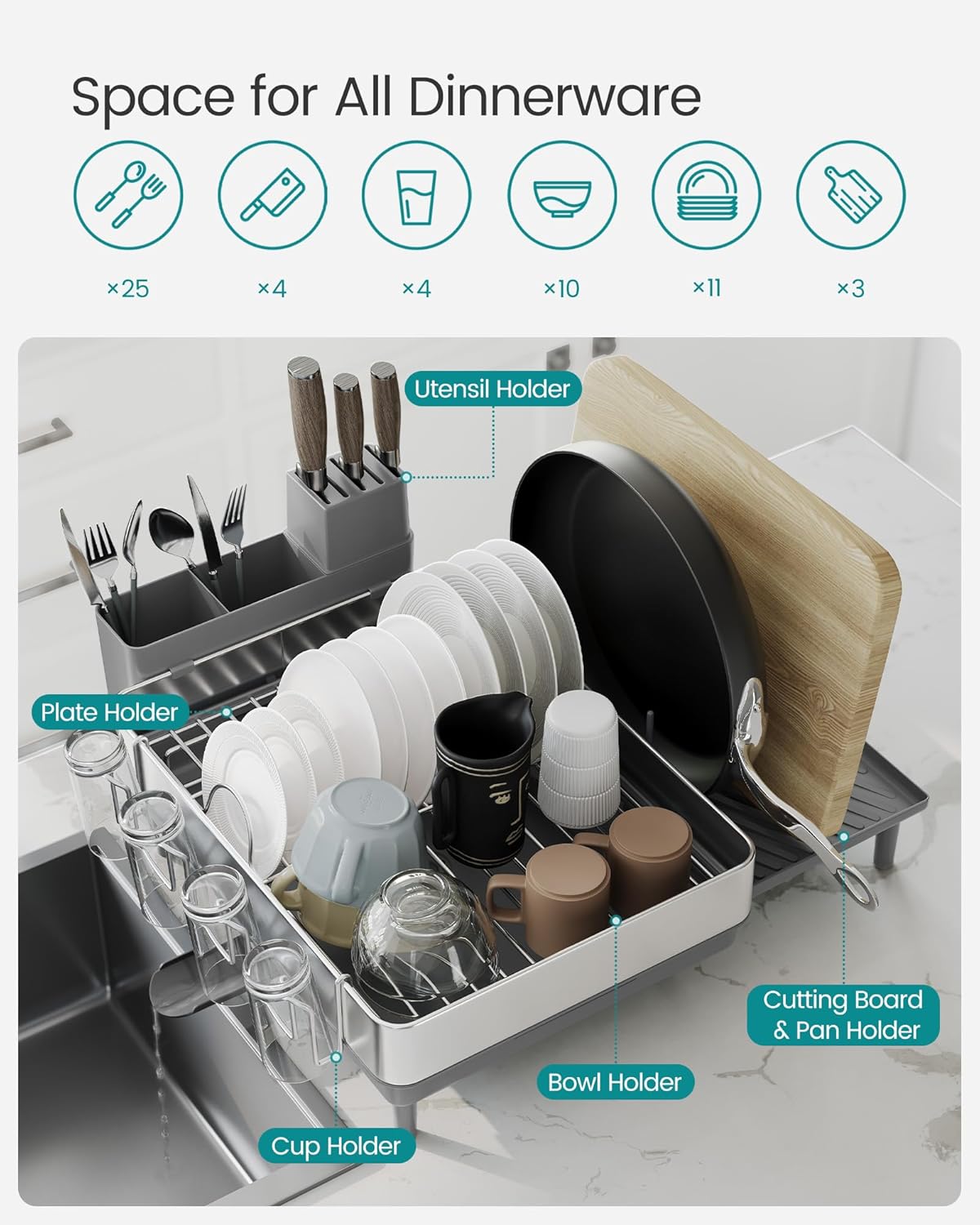 SONGMICS Large Dish Drying Rack, Expandable Dish Dryer for Kitchen Counter, Stainless Steel Dish Rack with Rotatable Spout, Utensil, Cup, Glass, Cutting Board, Pan Holders, Silver and Gray UKCS037G01