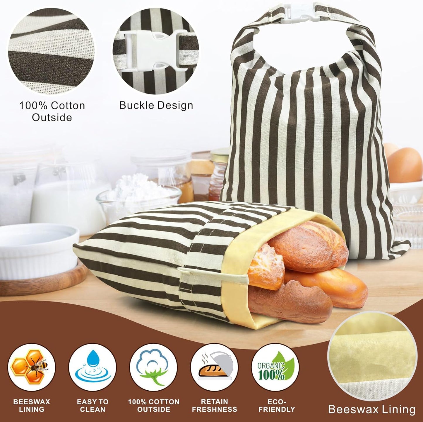 Mosucoirl Beeswax Bread Bags 2 Pack, Reusable Bread Storage Boxes for Homemade Sourdough, Cotton Food Bags Loaf Containers to Keep Fresh Large (Striped Grid)