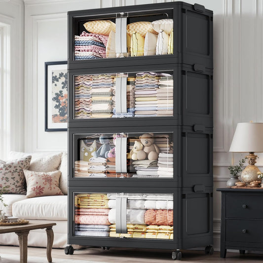 640QT Stackable Storage Bins with Lids, 160Gal Extra Large Collapsible Storage Box with Wheel, Plastic Storages with Clear Door Open Front for Home Bedroom Garage, Black-4pack