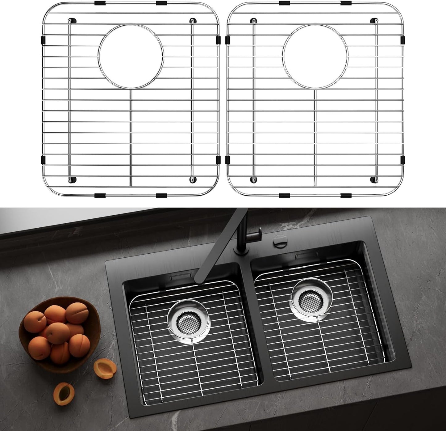 2Pack Stainless Steel Sink Protectors for Kitchen Sink, 13.12’’x11.6’’ Sink Protector Grid with Rear Drain, Rust Resistant Sink Grate for Bottom of Kitchen Sink with 2Pack Sink Drain Strainer