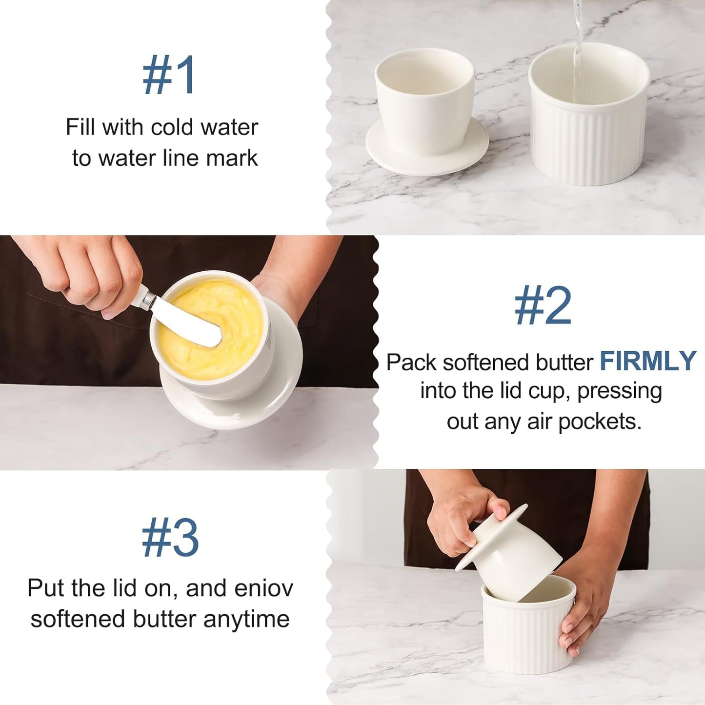 Large Butter Crock for Counter with Water Line, Butter Keeper, Ceramic French Butter Dish Holder for Fresh Spreadable Soft Butter (White, 8 Ounce)