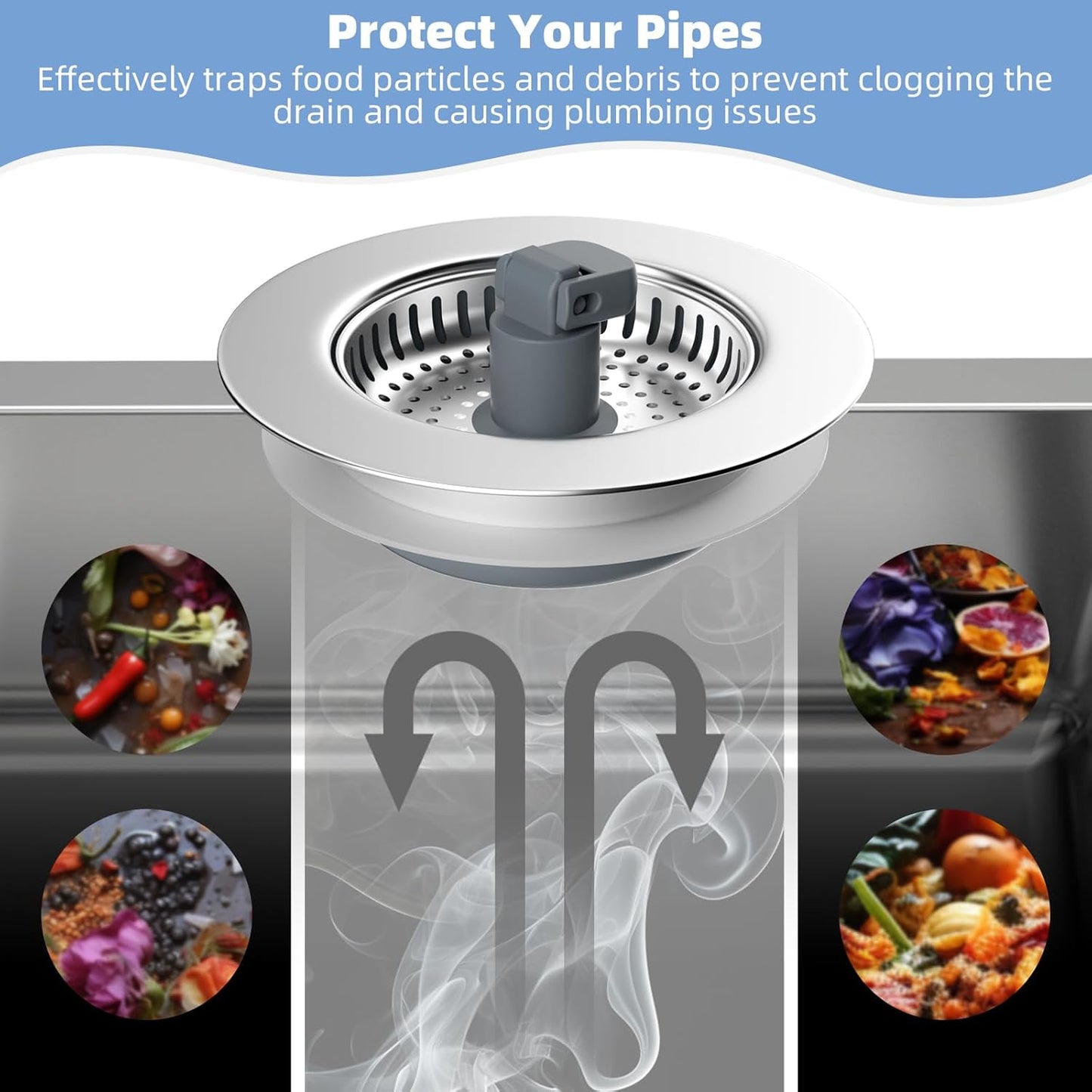 Hibbent 2 Pack Universal 3 in 1 Kitchen Sink Drain Strainer with Sink Stopper, Stainless Steel Wrapped Shell, SUS304 Anti-Clogging Basket Strainer, Fit for US Standard 3-1/2" Drain, Stainless Steel