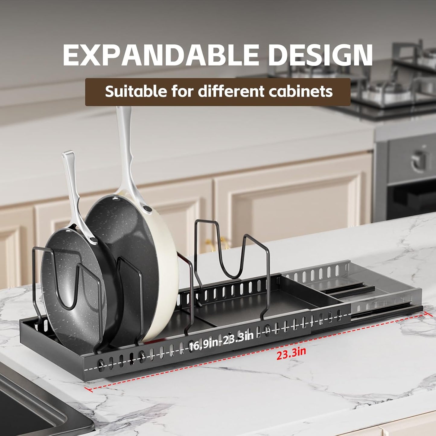 2 Pack Pots and Pans Organizer Under Cabinet, Expandable Pull Out Pot Lid Organizer with 10 Adjustable Dividers, Slide Out Pan Organizers Inside Cabinet for Kitchen Cabinets Drawers