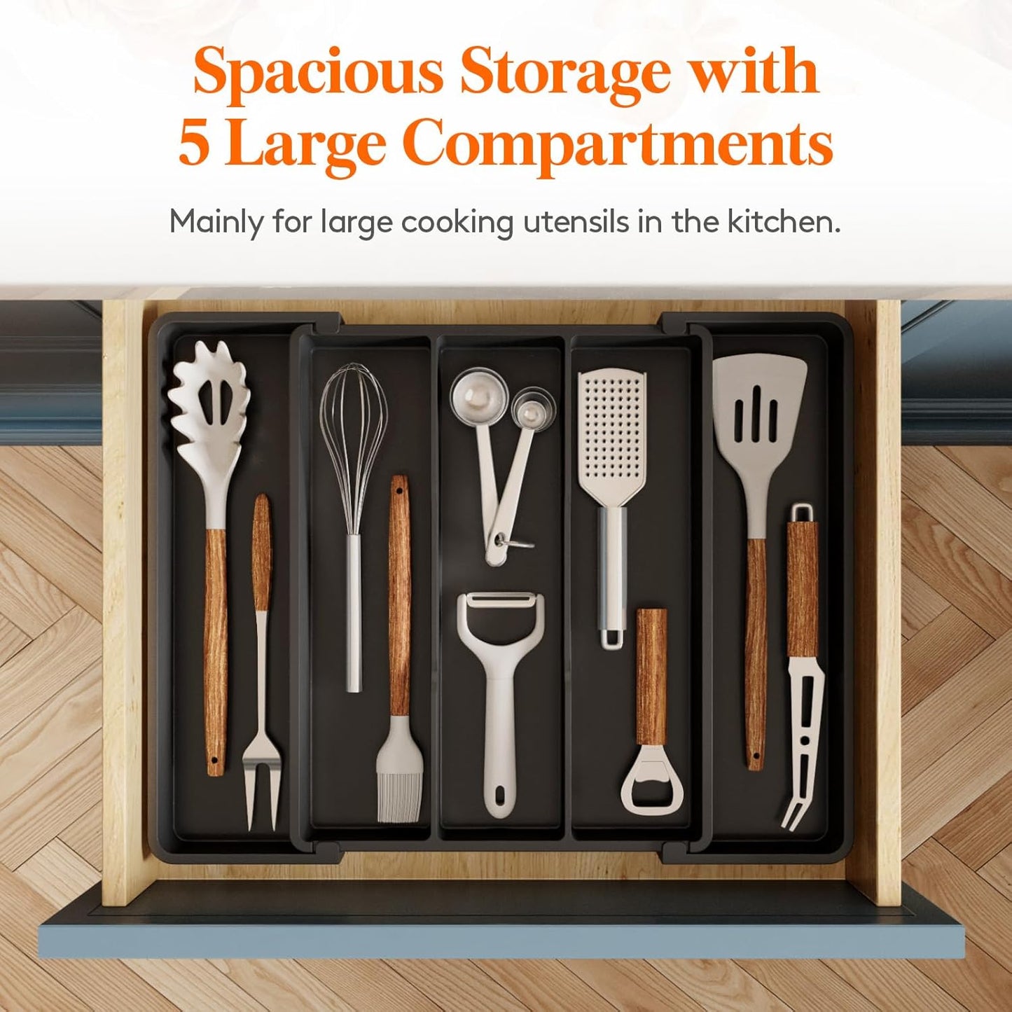 Lifewit Cooking Utensil Drawer Organizer, Expandable from 11 to 18 inches, Adjustable Cutlery Silverware Tray, Plastic Flatware Spatula Holder, Kitchen Tools Gadgets Storage Divider, Black