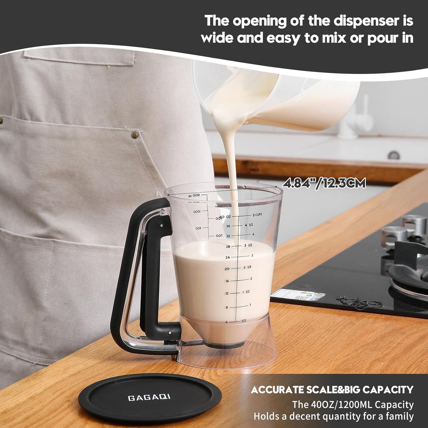 Pancake Batter Dispenser 5 Cup with Sturdy Handle,Batter Separator for Pancakes, Cupcake, Waffle, Muffin Mix, Cake & Crepe Batter pitcher with Squeeze Handle Baking Tools-Black