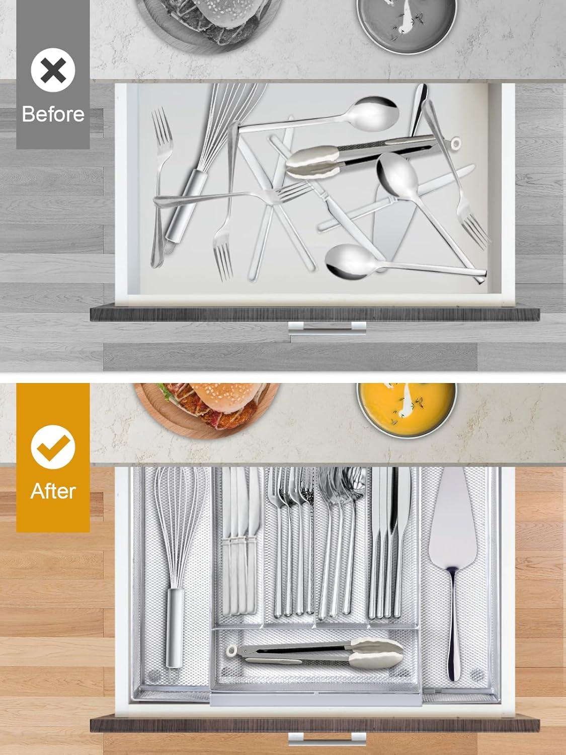 Silverware Organizer Metal Mesh, Drawer Organizer, Utensil Cutlery Tray Expandable Flatware Organizer with 7 Compartment Silver 9.4"~17.3" x 13.7"