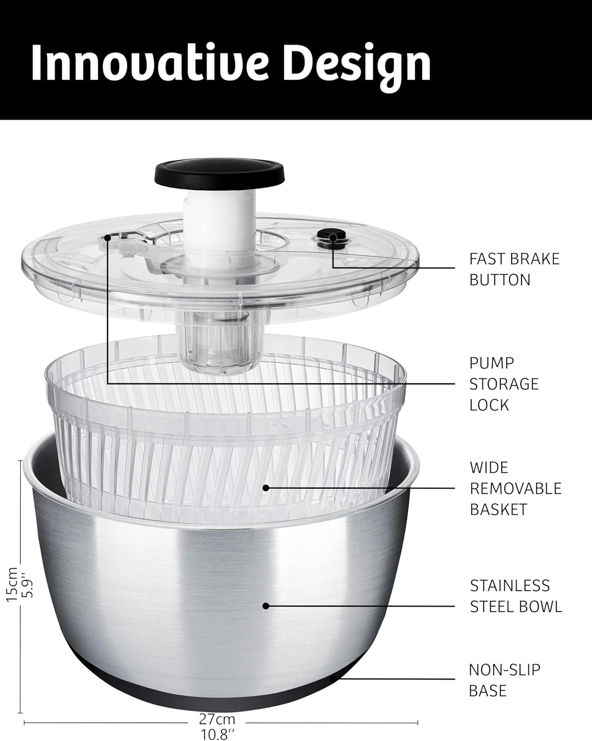 lily&stone Large Stainless Steel Pump Salad Spinner with Drain, Bowl, and Colander - Quick and Easy Multi-Use Lettuce Spinner, Vegetable Dryer, Fruit Washer, Pasta and Fries Spinner - 6.33 Qt