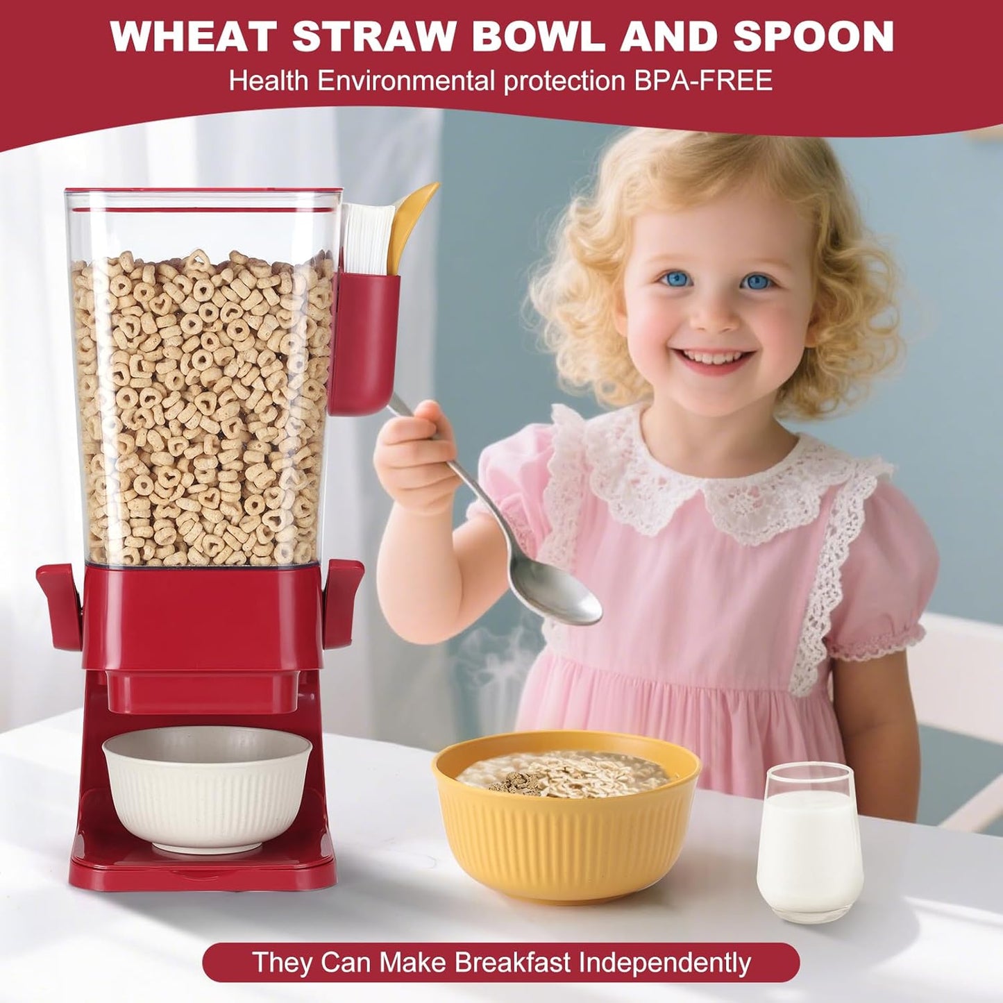 Cereal Dispenser Countertop Red 2 Pack with Creal Bowls Spoons Cutlery Box, Cereal Containers Storage - Not Easy to Crush Food, Dry Food Dispenser For Pantry Candy Snack