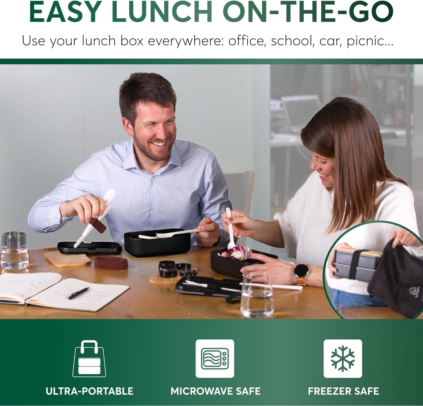 Umami Bento Box Adult All-in-1 w/ 4 Utensils, 100% Leakproof, Dishwasher & Microwave Safe Lunch Containers for Adults w/ 4 Compartments, Black, 34 oz