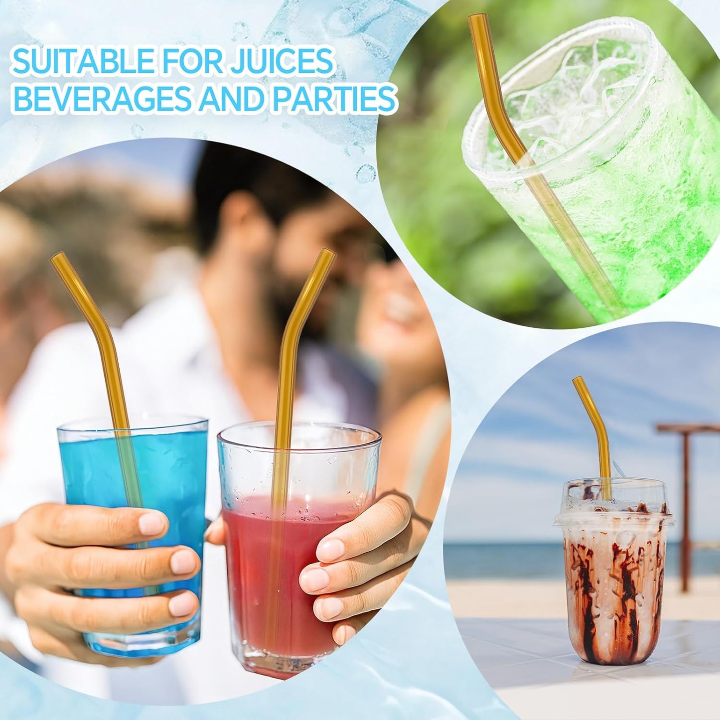 12 Pcs Reusable Glass Straws 8"x 8 mm Bent Glass Drinking Straws with Cleaning Brush for Tea, Smoothies, Milkshakes, Juices,Beverages(amber)