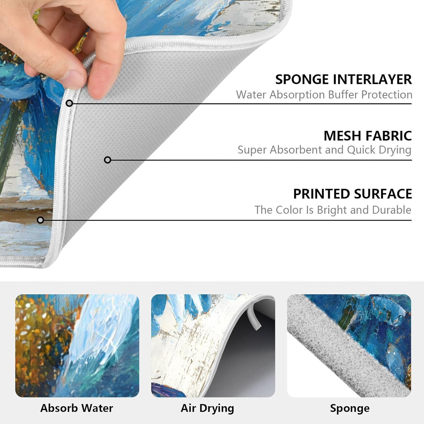 Rustic Daisy Blue on Vintage Wooden Dish Drying Mat for Kitchen Counter Absorbent Microfiber Large Drying Pad Dish mats for Kitchen Countertops 18 x 24 Inch