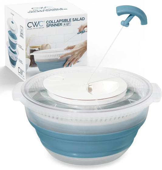 COOK WITH COLOR Collapsible Salad Spinner - 4 QT Space Saving Lettuce Dryer with Folding Collapsible Colander Great for Washing and Drying Fruit and Vegetables (Blue)