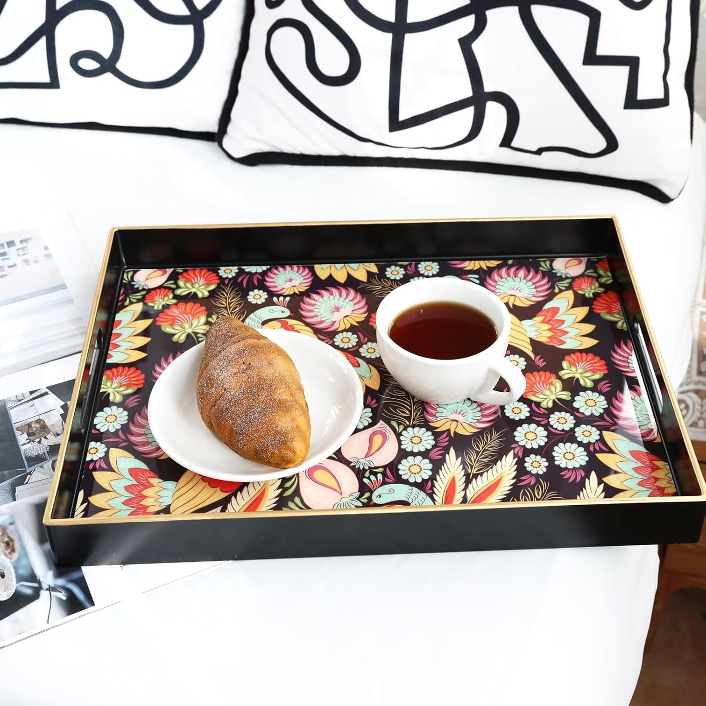 Spsyrine Decorative Serving Tray with Handles, Black Lacquered Coffee Table Tray for Ottoman, Rectangle Waterproof Platters for Centerpieces, Parties, Living Room, Kitchen Counter Organization Peacock