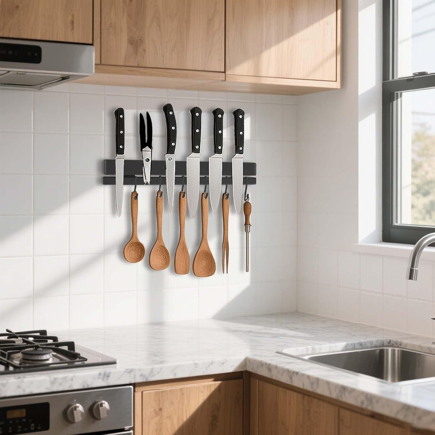 17 Inch Magnetic Knife Holder for Wall, Adhesive Knife Magnetic Strip No Drilling with 12 Hooks, Powerful Magnetic Knife Strip, Magnetic tool Holder for Kitchen Knives & Utensils (Black)