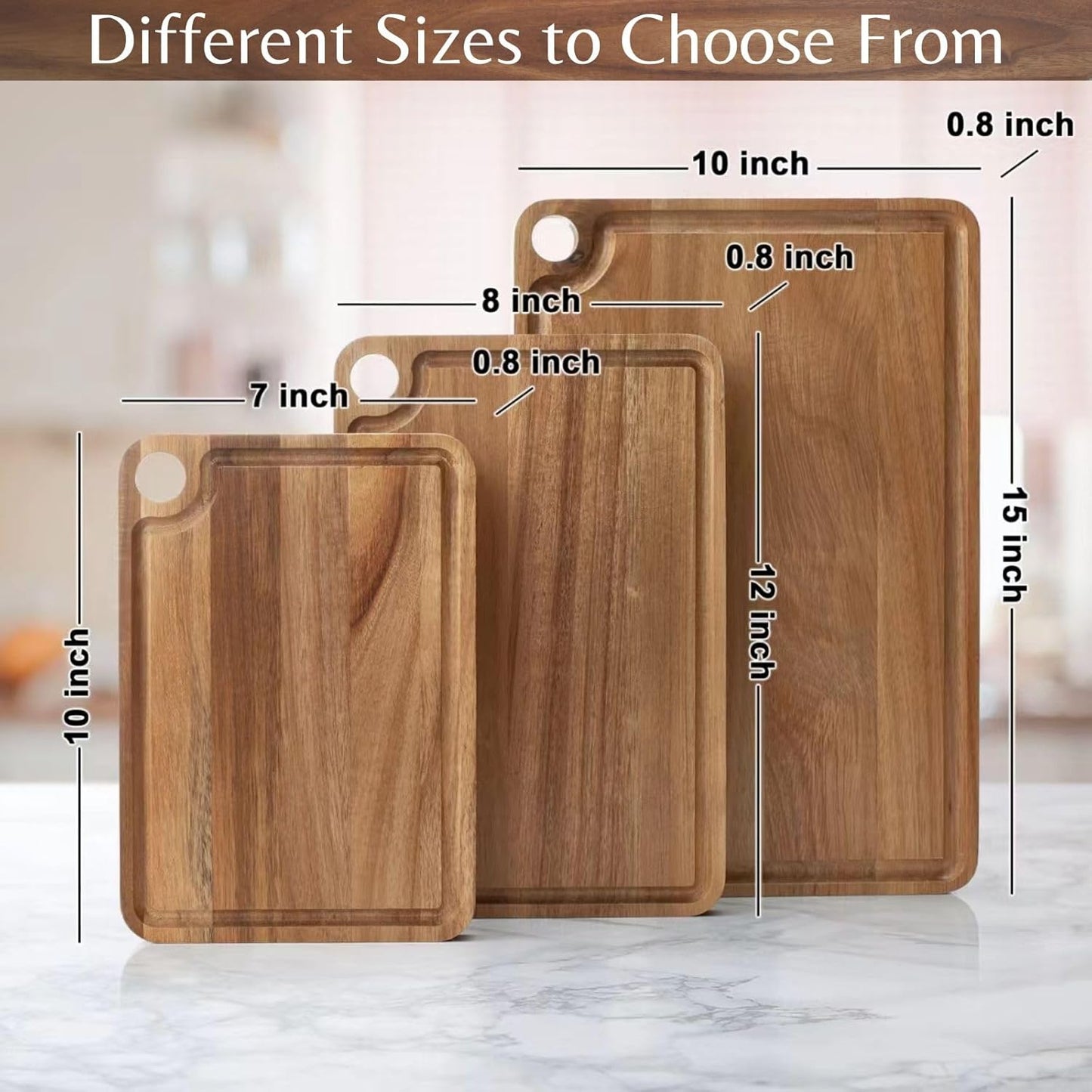 Acacia Wood Cutting Board (12x8x0.8 In.) - Small Wooden Boards with Handle and Juice Groove for Kitchen, Solid Mini Real Hardwood Hanging Chopping Boardsmith Butcher Block for BBQ