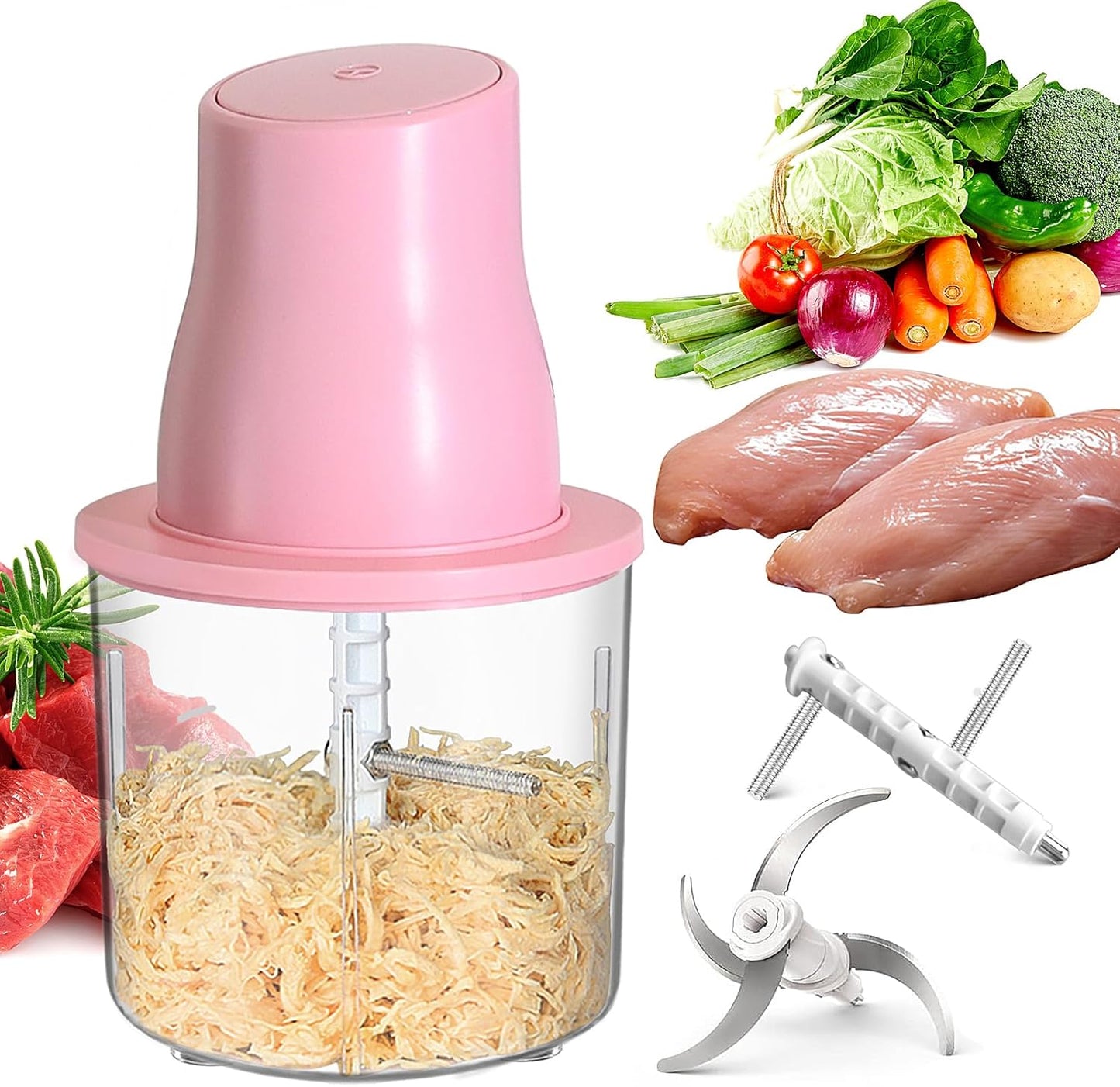 Electric Chicken Shredder, Automatic Food Chopper with Chicken Breast Shredder & Meat Grinder, 2 Sets of Blades for Chicken/Pork/fish/Vegetable/Baby Food (Pink)
