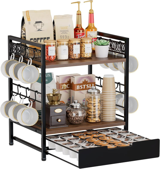 Coffee Bar Organizer, 3 Tier Coffee Station Organizer for Countertop, 30 K Cup Pod Drawer, Mug Cup Holder Stand With 12 Hooks, Multifunctional K Pods Shelf Storage Holder Drawer