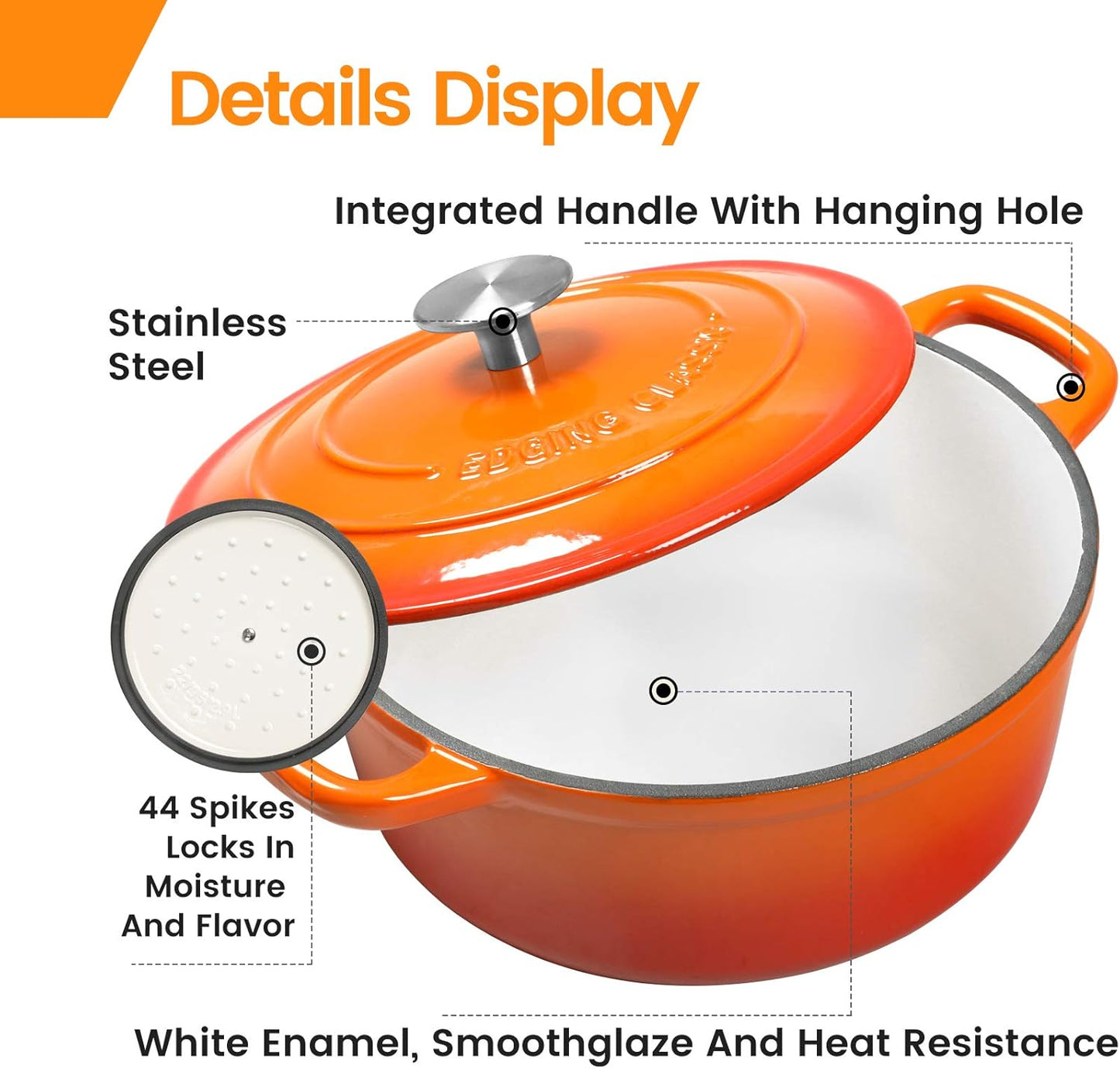 Enameled Cast Iron Dutch Oven, 5.5 Quart, Round Cast Dutch Ovens Pot with Lid Dual Handle for Bread Baking, Oven Safe up to 500°F, Orange