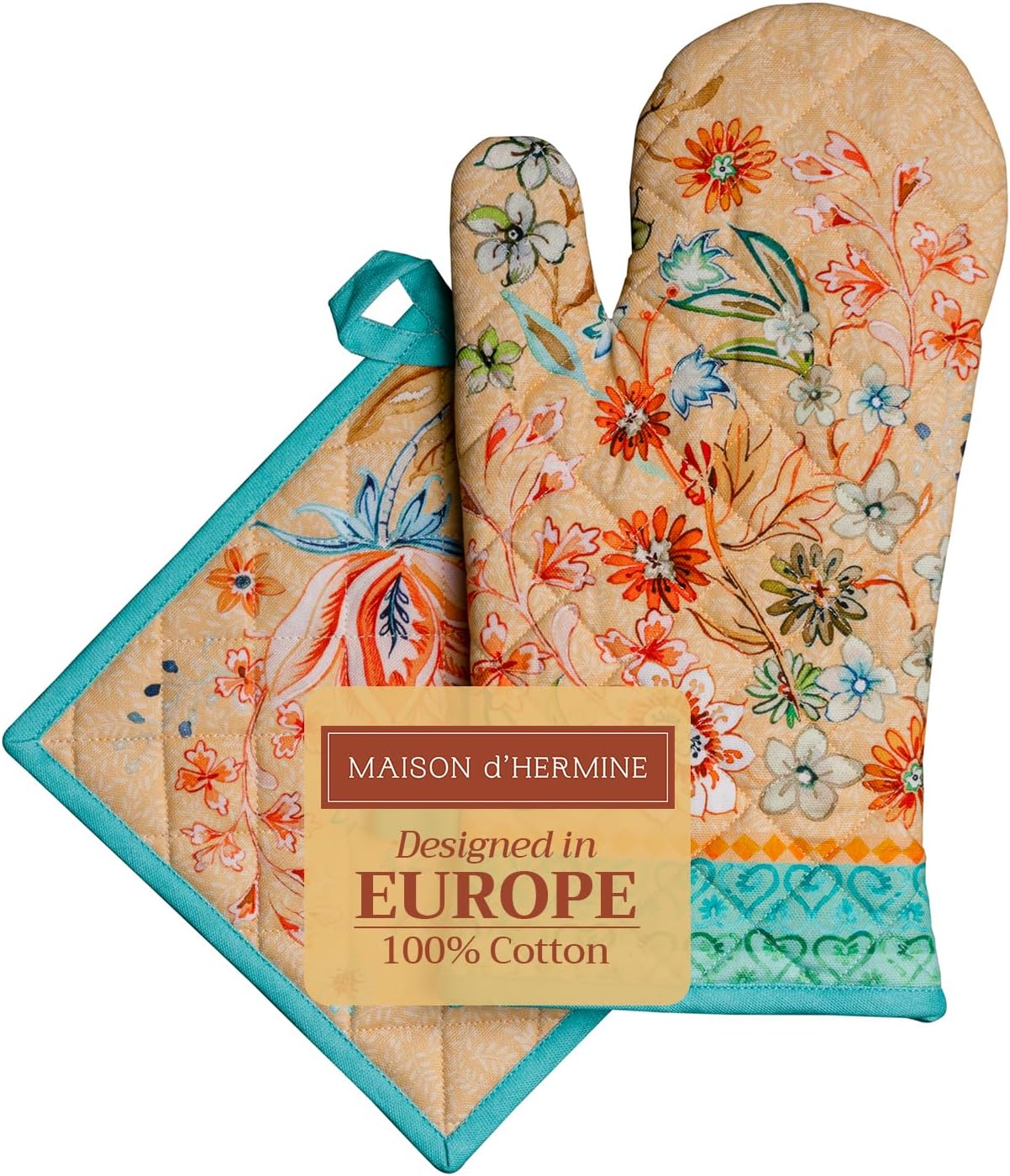 Maison d' Hermine 100% Cotton Oven Mitt & Pot Holder Set (7.5"x13" & 8"x8") Heat Resistant BBQ Cooking Gloves with Loop, Baking, Grilling, Kitchen, Handling Hot Pan Spring/Summer (Luxury Loft – Peach)