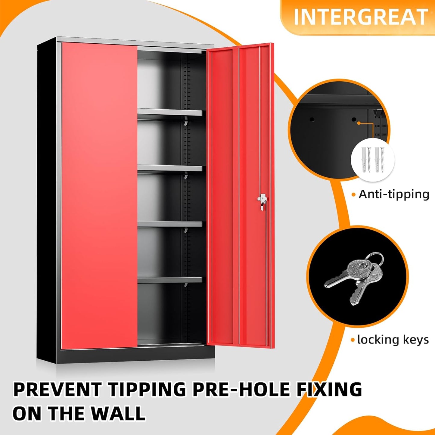 INTERGREAT Storage Cabinet, 72” Steel Locking Closet with Doors and 4 Adjustable Shelves, Tool Unit for Home Office, Garage & Tall Lockable File Cabinet, Black Red.