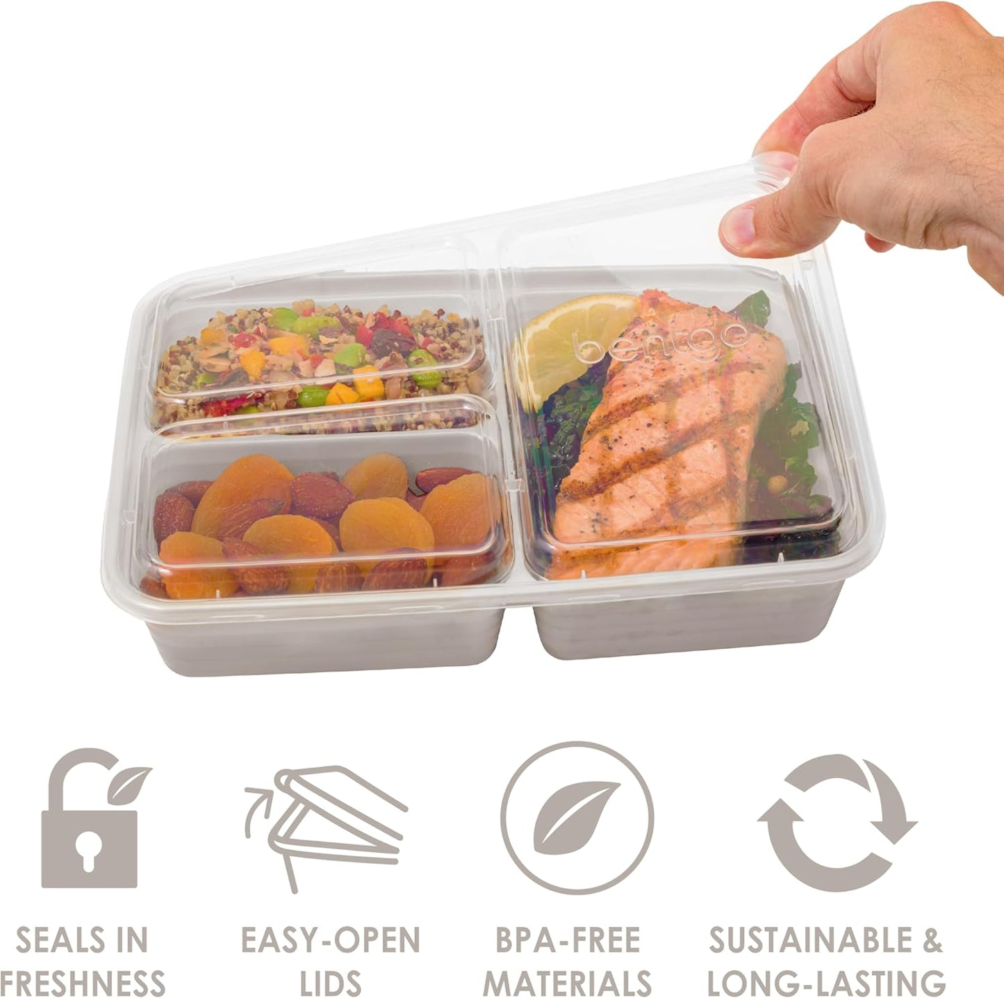 Bentgo 20-Piece Lightweight, Durable, Reusable BPA-Free 3-Compartment Containers - Microwave, Freezer, Dishwasher Safe - Stone Gray