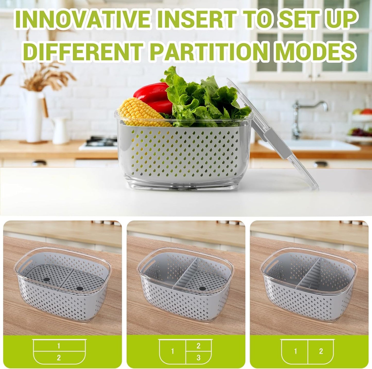 LUXEAR Fresh Produce Vegetable Fruit Storage Containers 3Piece Set, BPA-free Fridge Storage Container, Partitioned Salad Container, Fridge Organizers, Used in Storing Fruits Vegetables, Gray