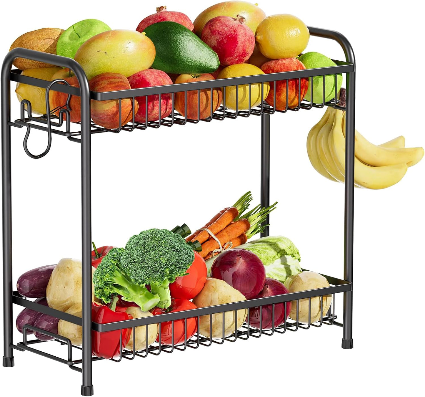 Fruit Basket for Kitchen Counter, 2 Tier Fruit Bowl with Banana Hangers, Large Fruit Holder Stand Countertop Organizer for Vegetable Onion Potato Bread Snack Produce Storage and Display, Black